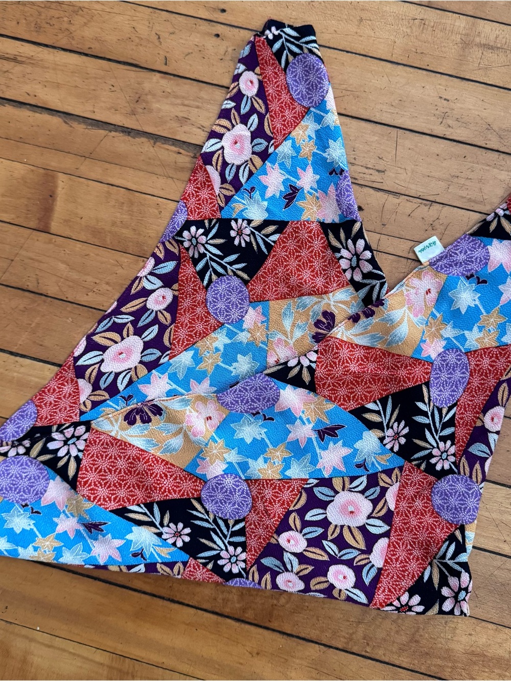 Vintage color black multicolor floral geometric Asian rayon square scarf bandana